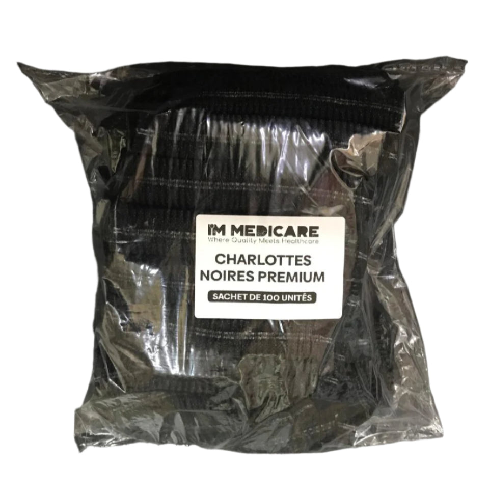 I'M MEDICARE CHARLOTTES NOIRES ET BLEUES PREMIUM 100 UNITES (BONETS) غطاء الراس سوداء و زرقاء