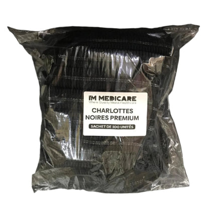 I'M MEDICARE CHARLOTTES NOIRES  ET BLEUES PREMIUM 100 UNITES (BONETS)  غطاء الراس سوداء و زرقاء